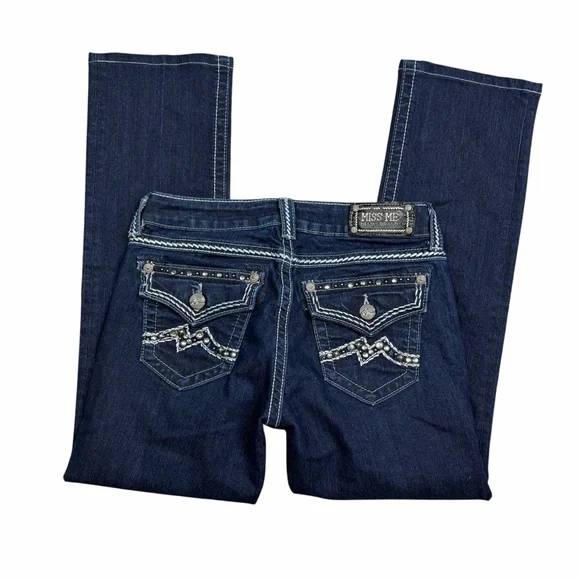 Miss Me Dark Wash Low Rise Studded Embroidered Easy Straight Jeans - Size 27 - Picture 4 of 14
